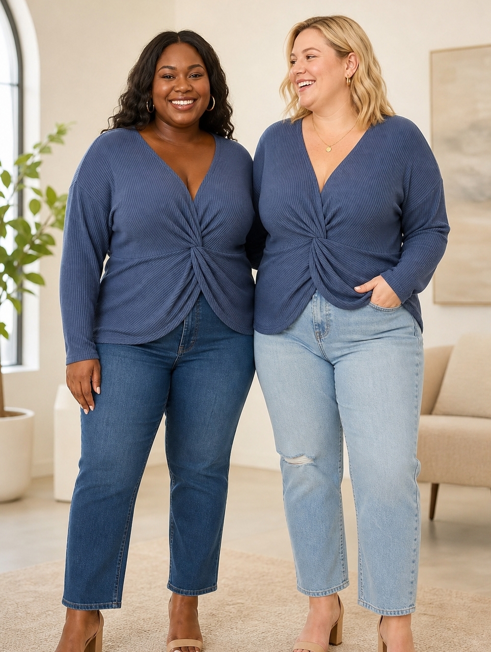 🌸30% Off 🌸 Brittany Humble Blue Waffle Knit Twist Front Long Sleeve Blouse